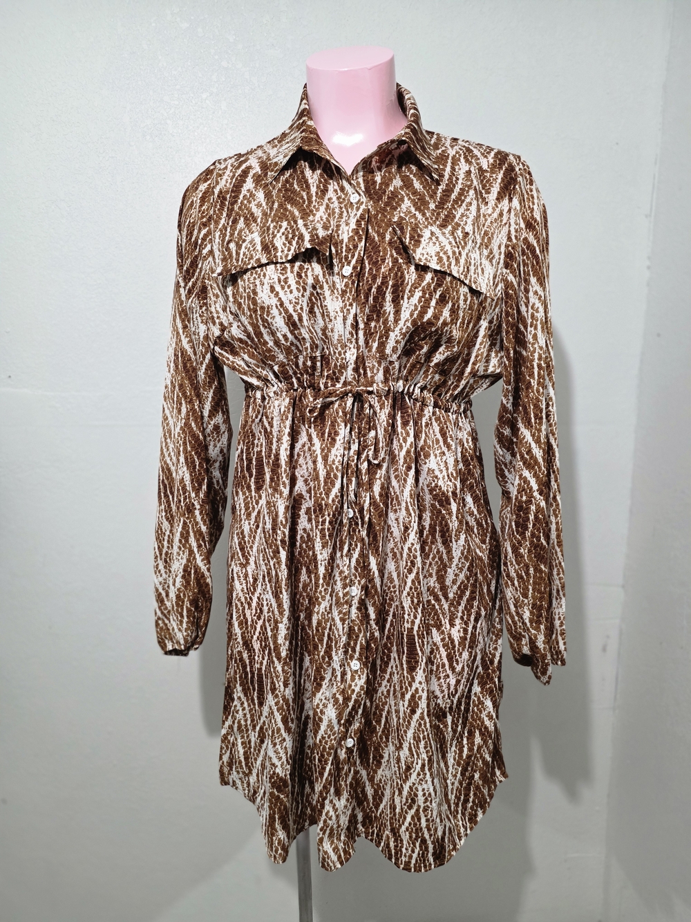 Rebdolls Brown & White Printed Long Sleeve Shirt Dress